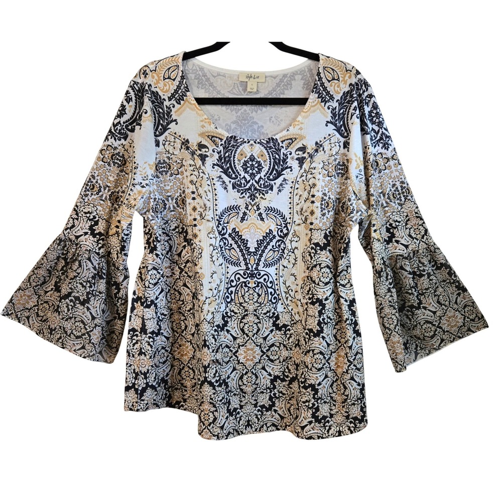 Style & Co Women L Boho Black White Gold Paisley Damask Bell Sleeve Blouse Top